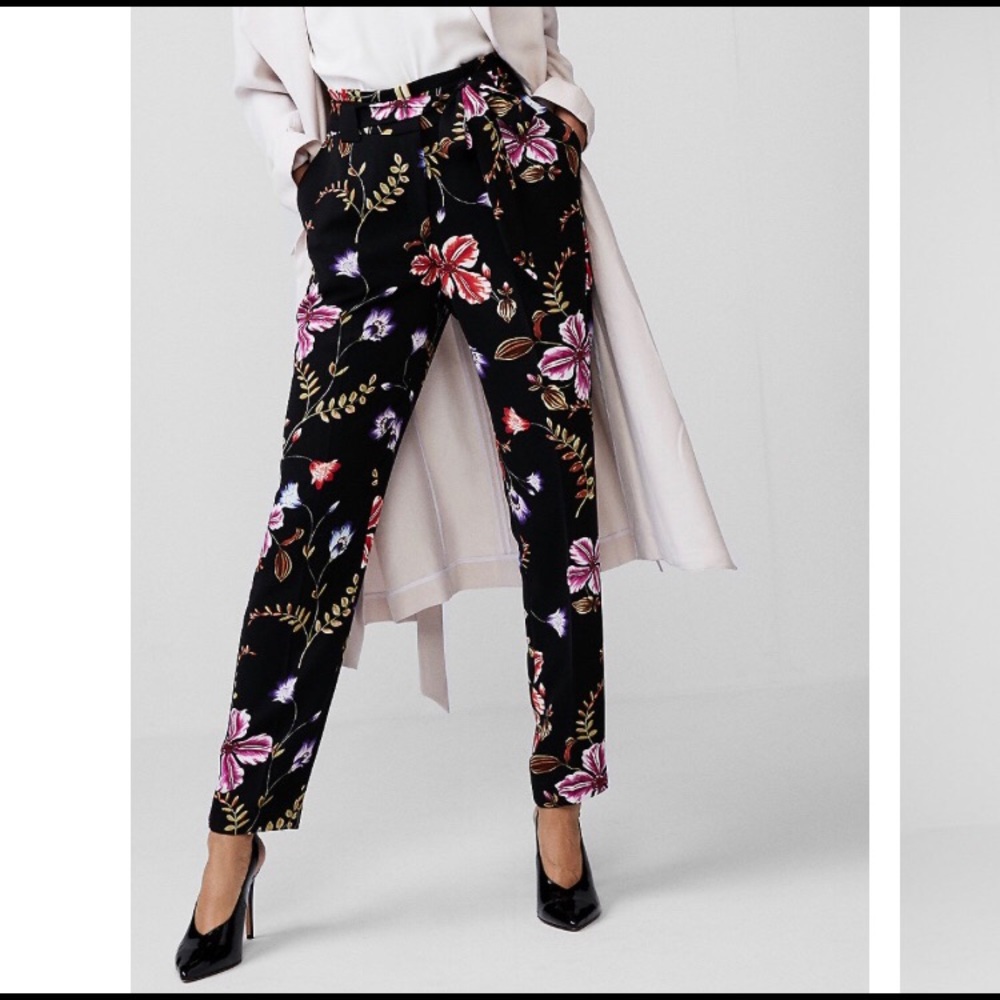 High Waisted Floral Tie Waist Ankle Pants